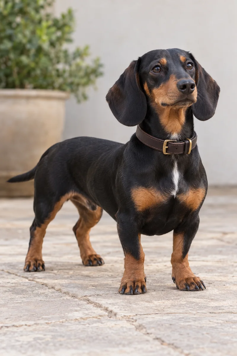 Brutus, a confident black-and-tan Dachshund with a white chest blaze and brown leather collar.