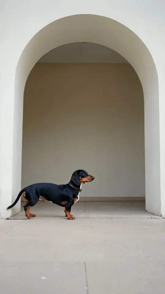 Brutus, the approved black-and-tan Dachshund character, in his published adventure: This entrance is under new management.