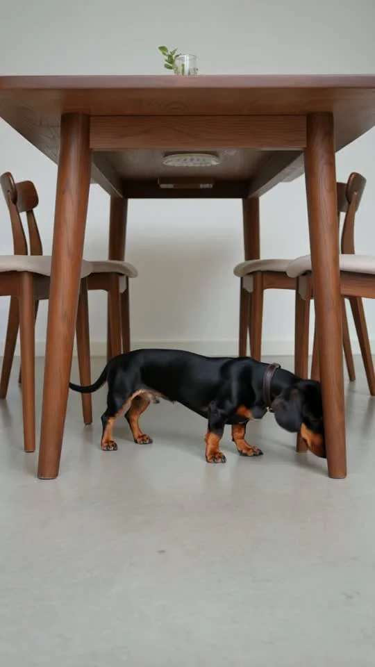Brutus, the approved black-and-tan Dachshund character, in his published adventure: Every table needs a supervisor.
