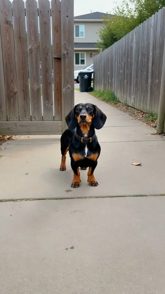 Brutus, the approved black-and-tan Dachshund character, in his published adventure: The whole entrance. Handled.
